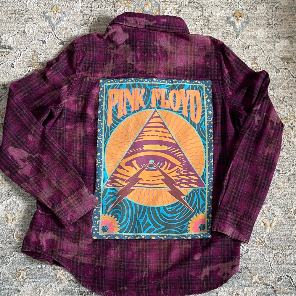 Handcrafted Distressed Flannel Shirt with Pink Floyd Graphic